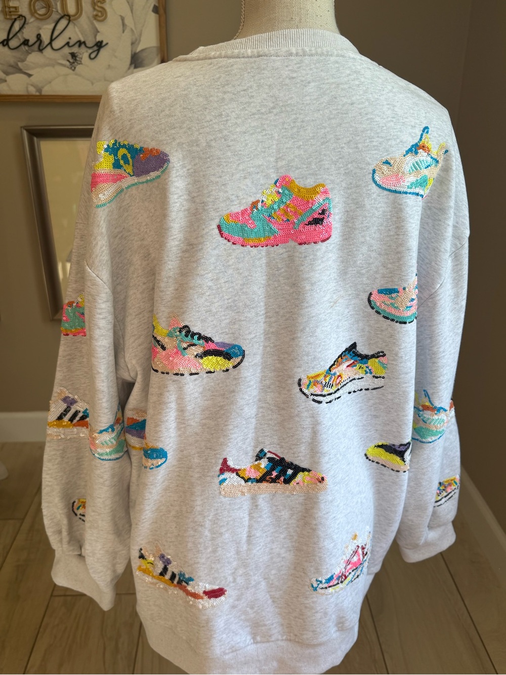 QUEEN OF SPARKLES Neon Sequin Sneaker Light Gray Sweatshirt Oversized - Picture 7 of 10